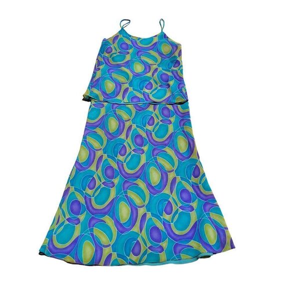 Vintage 70s 2pc Skirt Set L Geometric Psychedelic Maxi Tank Blue Green Mod Funky - Picture 3 of 16